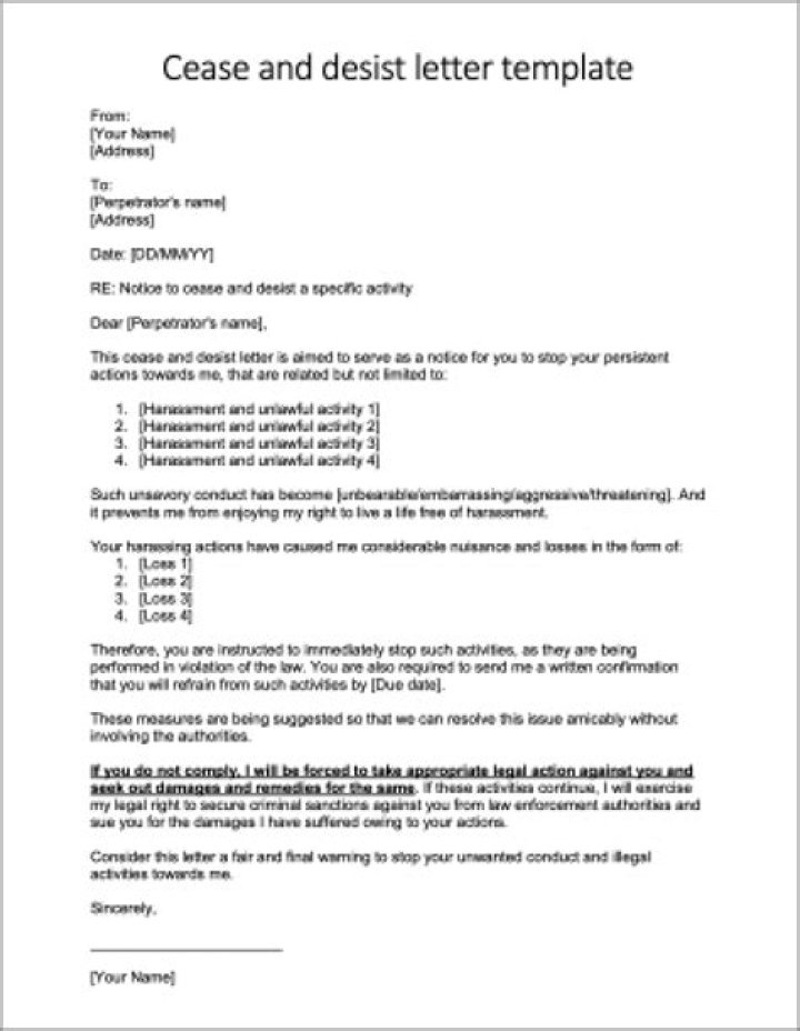 What is the purpose of a cease and desist letter?